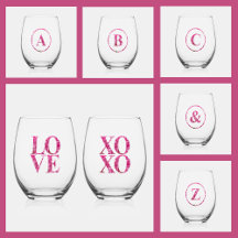 Pink Floral Monogrammed Stemless Wine Glasses
