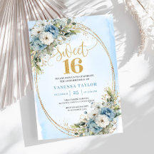 Dusty blue floral gold glitter Sweet 16th 37-16