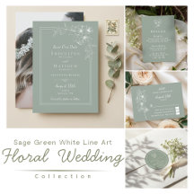Sage Green White Line Art Floral Botanical Wedding
