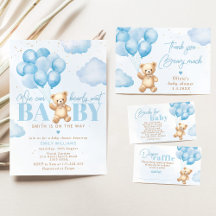 Blue Teddy bear with balloons We can bearly wait