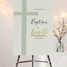 Elegant Sage Green Gold Minimal Cross Baptism