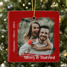 Modern Merry and Married Photo Christmas Ornaments