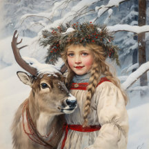 Vintage Girl with Reindeer Christmas