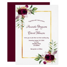 Burgundy wedding watercolored florals gold frame