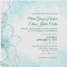 Elegant Teal Watercolor Floral Wedding Invitation 
