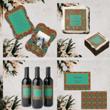 Retro Floral, teal, red, brown