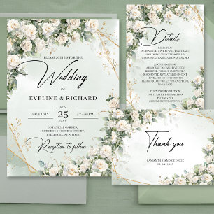 ボヘミアの白いバラのユーカリプトゥスグリーンと金ゴールド サンキューカード