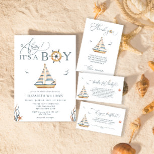 Ahoy It's A Boy 航海の Sailboat Baby Shower 招待状