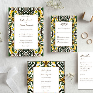 ヴィンテージタラベラ・ポルトガルのタイル緑の黄色 ショートテーブルランナー