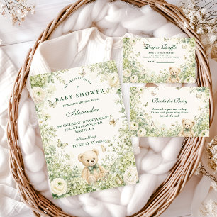 幻想的なグリーンテディベアベビーシャワー 招待状