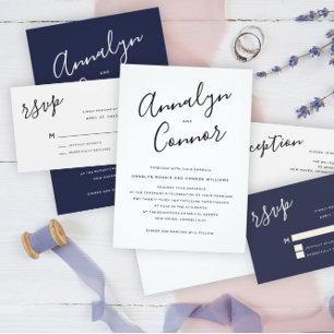 ネイビーミニマリスト脚本  エレガモダンントな結婚式 招待状