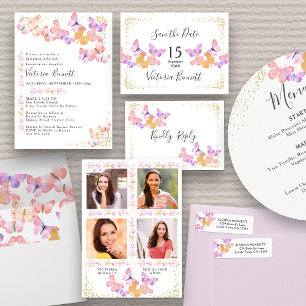 バタフライスカイコーラルピンク金ゴールド紙吹雪RSVPカード 出欠カード