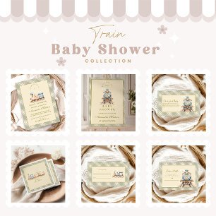 緑の水の色の列車の赤ちゃんシャワー 招待状