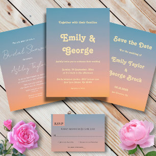 Elegant Chic Blue Orange Sky Sunset Wedding セーブザデート