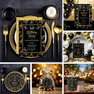 黒エレガント金ゴールド蝶30th誕生日パーティー 招待状