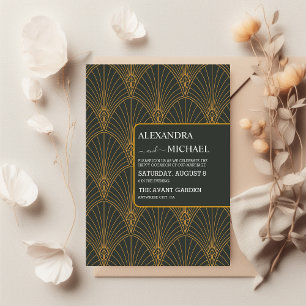 アールデコエレガント金ゴールドグリーン婚約 招待状