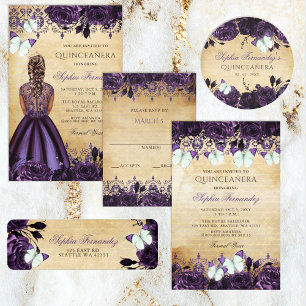 エレガント素朴ヴィンテージ紫フローラ 出欠カード