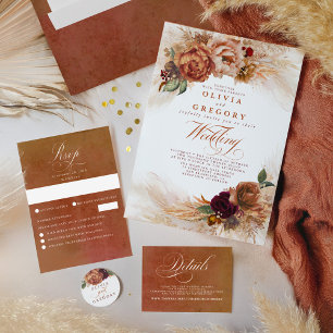 テラコッタの花とパンパスグラスエキゾチック結婚ズ オールインワン招待状