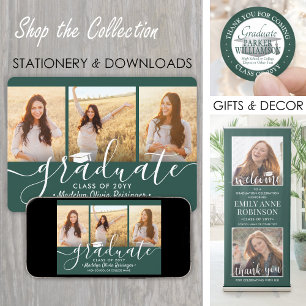 4フォトコラージュ緑と白の卒業パーティー 招待状