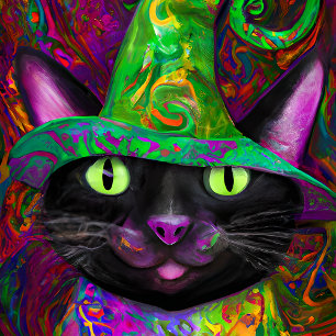 ハロウィン熱狂するブラックキャットポートレートアート ポスター