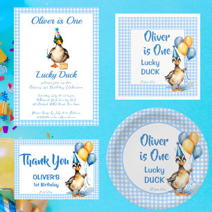 ラッキーアヒルのブルーギンガムの誕生日プリント パーティーハット