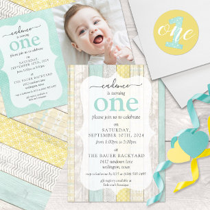 1歳の誕生日 ミント＆イエローの水玉模様 ラウンドシール