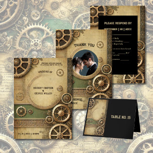 Steampunk Gearworkビクトリアンの結婚写真 サンキューカード
