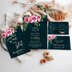 クラシックエメラルドグリーンフローラダークムーディ結婚ーズ 出欠カード