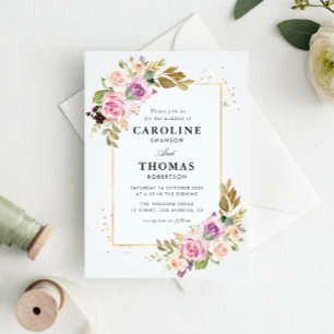 ラベンダーパープルと赤面フローラ結婚ズ 招待状