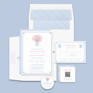 Elegant Blue Greek Key Wedding Site QR Code エンクロージャーカード