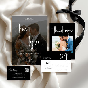 Modern photo overlay QR CODE script names wedding 招待状