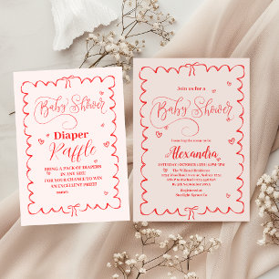 ミニマリストピンクボウドードルベビーシャワー 招待状