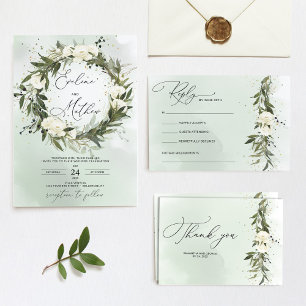 ほこりっぽい緑のオリーブリースフローラの上昇と輝き 招待状