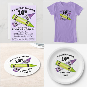 グリーンパープルアーティストクレヨン子供の誕生日パーティー 招待状