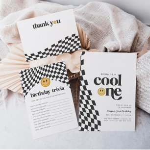 ワンクールボーイ初誕生日市松模様にレトロ サンキューカード