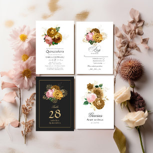 ヴィンテージ赤面ピンクと金ゴールドフローラクインセアニラ 出欠カード