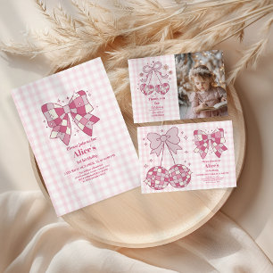 レトロ写真かわいいピンクの弓コケット1歳の誕生日 サンキューカード