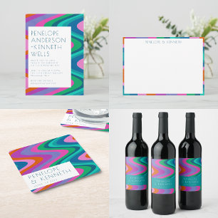 Groovyカラフル曲線の線ユニークのレトロ結婚 招待状