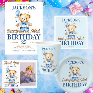 Beary first boys birthday cute teddy blue balloon ペーパープレート