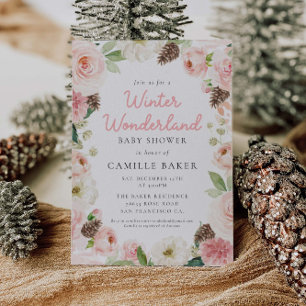 オベビーウィンターピンクガールベビーシャワー 招待状