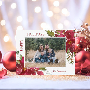 水彩赤ポインセチア結婚したメリークリスマス ポストカード