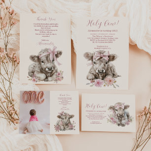フォトピンクガールフローラハイランド牛1歳の誕生日 サンキューカード
