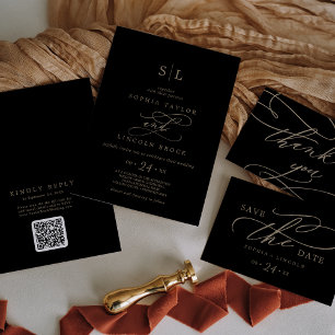 Romantic Gold Calligraphy   Black Monogram Wedding 招待状