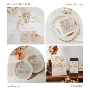 テディベアーバルーンバーリーウェイニュートラルベビーシャワー オールインワン招待状