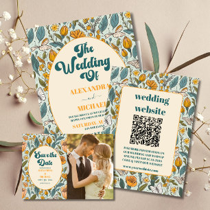 フォトボホシックレトロカラフルフローラ結婚ズ サンキューカード