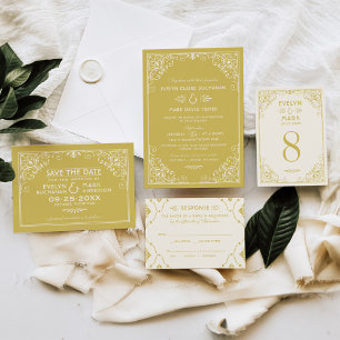 ヴィンテージアイボリーおよび金ゴールド結婚アールデコ 出欠カード