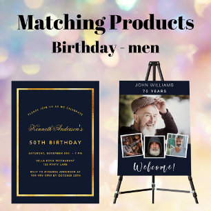 誕生日 ブルー ゴールド クラシック シンプル 招待状