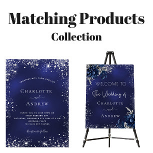 ネイビーブルー銀色の花スクリプト豪華結婚な マグネット招待状