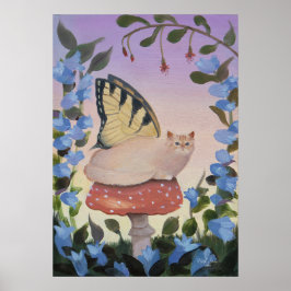 Swallowtail Butterfly Cat on Mushroom Wall Art ポスター