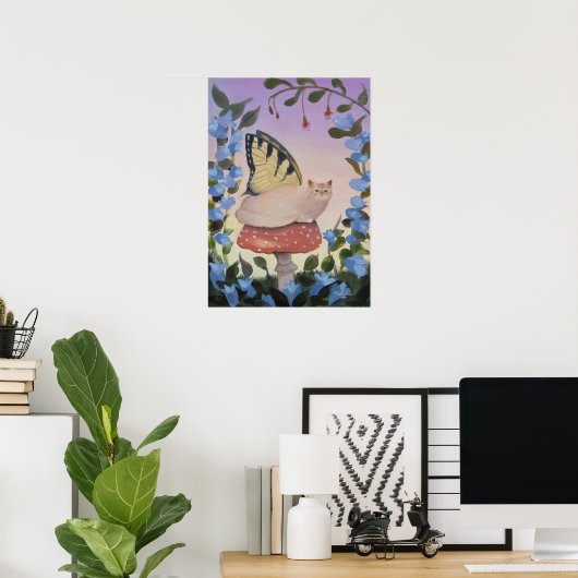 Swallowtail Butterfly Cat on Mushroom Wall Art ポスター (ホームオフィス)